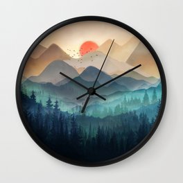 Wilderness Becomes Alive at Night Wall Clock | Landscape, Sunrise, Pine, Beautiful, Mountain, Nature, Forest, Painting, Mountainside, Travel 