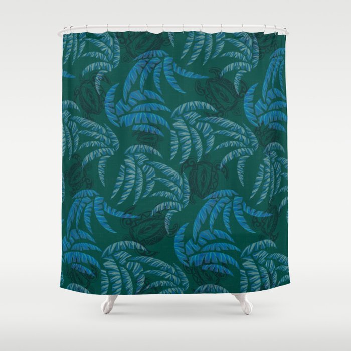 Hawaiian Dark Emerald Honu and Palm Leaves Pattern Shower Curtain