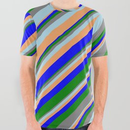[ Thumbnail: Colorful Blue, Green, Grey, Light Blue, and Brown Colored Stripes Pattern All Over Graphic Tee ]