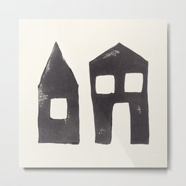 Tiny Houses #2 | Hand-printed Linocut Metal Print | Minimalist, Digital, Window, Painting, City, Urban, Block Printing, Printmaking, Kids, Hand Made 