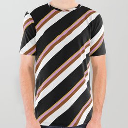[ Thumbnail: Eye-catching Goldenrod, Plum, Brown, White & Black Colored Stripes Pattern All Over Graphic Tee ]
