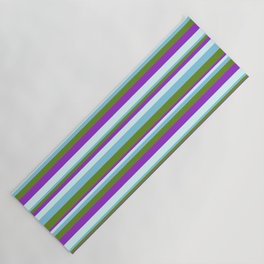 [ Thumbnail: Sky Blue, Green, Dark Orchid, and Light Cyan Colored Striped Pattern Yoga Mat ]