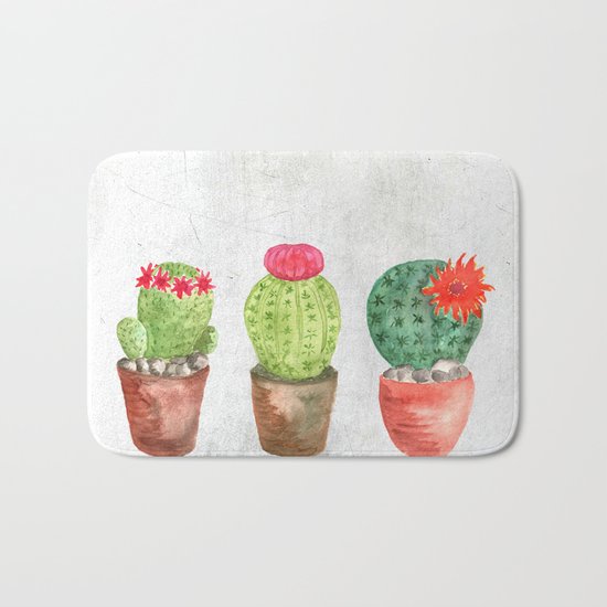 Three Cacti watercolor white Bath Mat