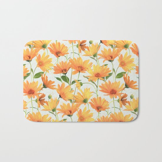 Painted Radiant Orange Daisies on off-white Bath Mat