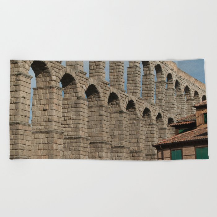 Spain Photography - Aqueduct Of Segovia Under The Blue Sky Beach Towel