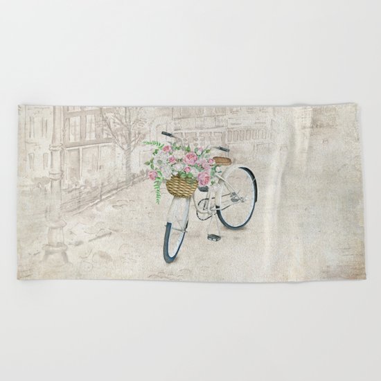 Vintage bicycles with roses basket Beach Towel