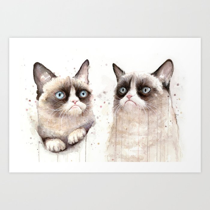 Grumpy Watercolor Cats Art Print