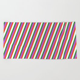 [ Thumbnail: Orchid, Red, Mint Cream, and Forest Green Colored Lines Pattern Beach Towel ]