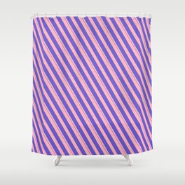 [ Thumbnail: Light Pink and Slate Blue Colored Lined Pattern Shower Curtain ]