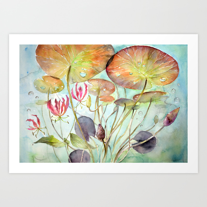 Waterlily Watercolor Lilypad Illustration Pond Surreal Art