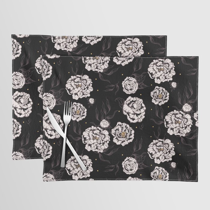 Black And White Vintage Flower Power Floral Pattern 60s 70s Retro Placemat