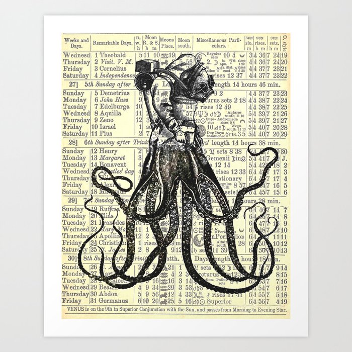 OctoDiver vintage 1895 collage on antique almanac background Art Print