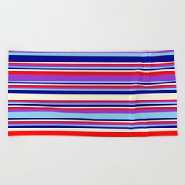 [ Thumbnail: Eye-catching Beige, Red, Dark Orchid, Sky Blue, and Dark Blue Colored Stripes/Lines Pattern Beach Towel ]