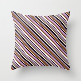 [ Thumbnail: Eyecatching Plum, Grey, Brown, White & Black Colored Striped/Lined Pattern Throw Pillow ]