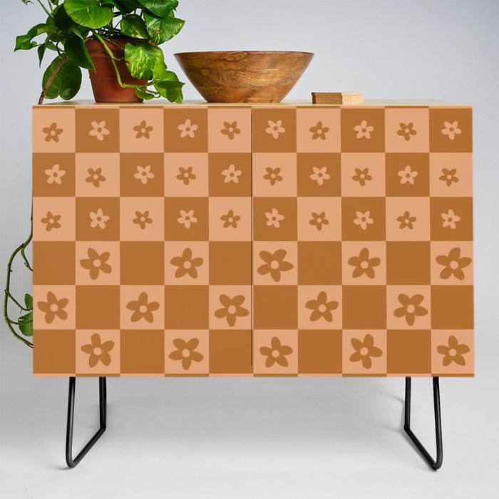 Abstract Floral Checker Pattern 9 in Rustic Brown Wood Credenza