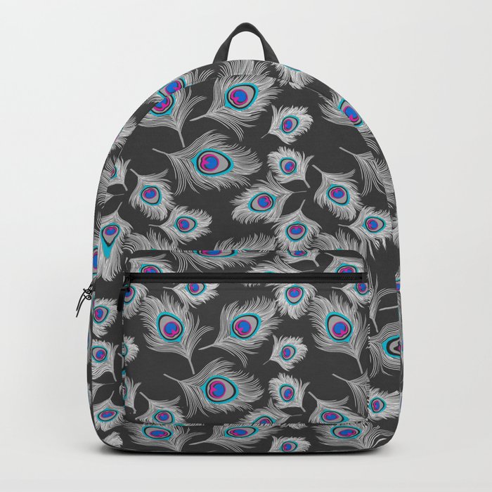 Silver Gray / Grey Peacock Feathers on Dark Gray Backpack
