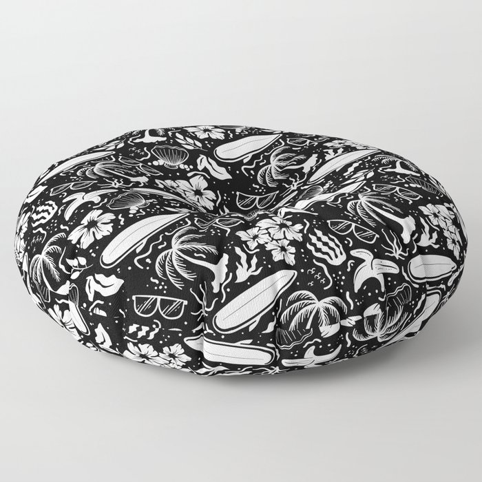 Black and White Surfing Summer Beach Objects Seamless Pattern  Floor Pillow