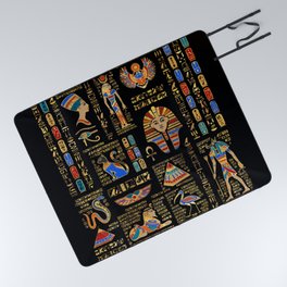 Egyptian hieroglyphs and deities on black Picnic Blanket