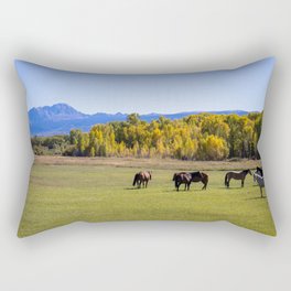 Horses in Pasture by Fall Aspens with Distant Mountain Rectangular Pillow