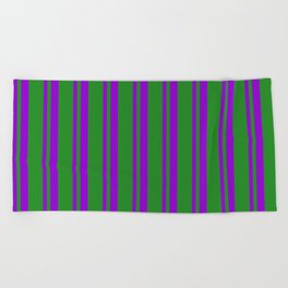 [ Thumbnail: Dark Violet and Forest Green Colored Stripes/Lines Pattern Beach Towel ]