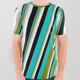 [ Thumbnail: Eye-catching Green, Grey, White, Black & Dark Turquoise Colored Pattern of Stripes All Over Graphic Tee ]