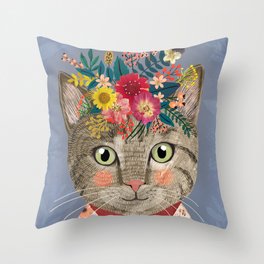 Grey cat with flower crown Throw Pillow