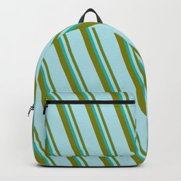 [ Thumbnail: Light Sea Green, Green & Powder Blue Colored Lined/Striped Pattern Backpack ]