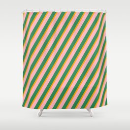 [ Thumbnail: Orange, Light Pink & Sea Green Colored Striped Pattern Shower Curtain ]