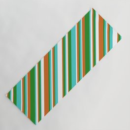 [ Thumbnail: Chocolate, Forest Green, Turquoise, and White Colored Stripes/Lines Pattern Yoga Mat ]