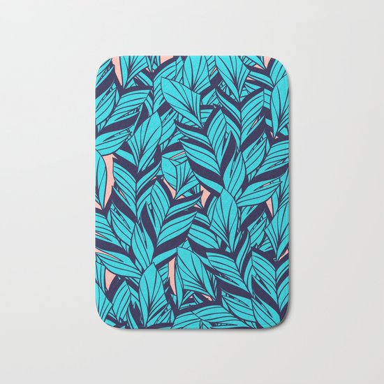 Blue Banana Leaf Pattern Bath Mat