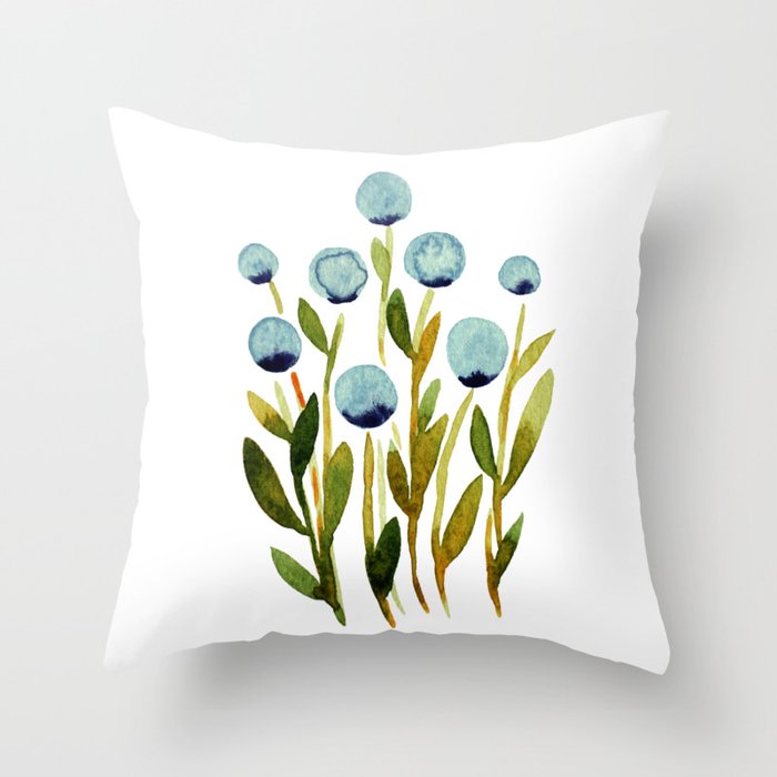 Simple watercolor flowers - teal and olive Throw Pillow