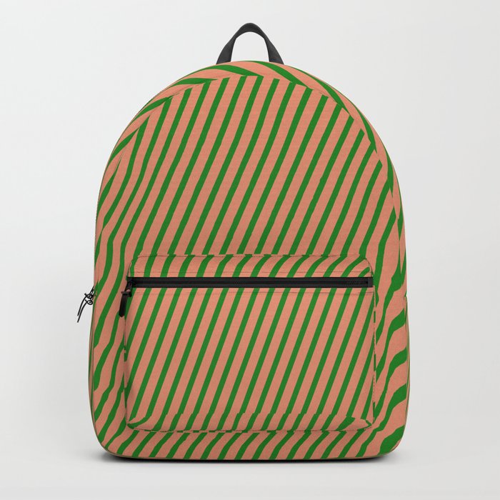 Forest Green and Dark Salmon Colored Striped Pattern Backpack
