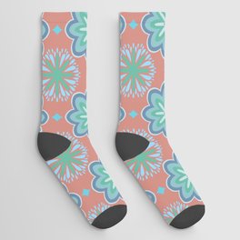 Vintage blue flower pattern on peach background Socks