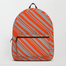 [ Thumbnail: Red & Dark Grey Colored Striped/Lined Pattern Backpack ]