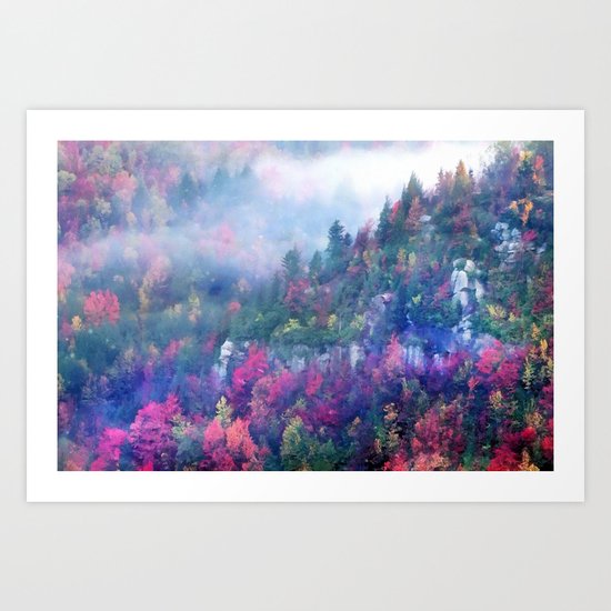 Fog over a colorful fall mountain forest Art Print