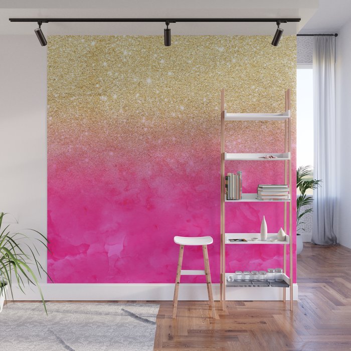 Modern Y Gold Glitter Ombre Fade Neon Pink Watercolor Wall Mural Modern Y Gold Glitter Ombre Fade Neon Pink Watercolor Wall Mural