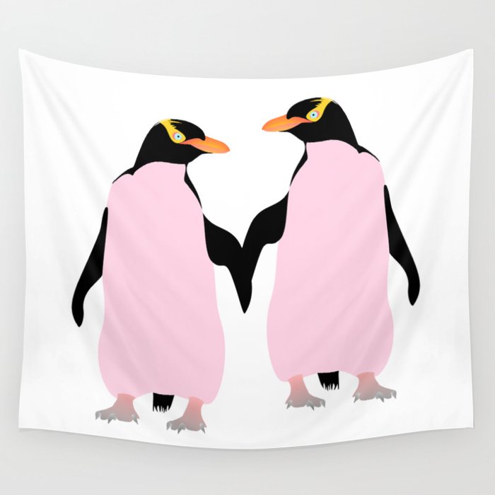 Gay Pride Lesbian Penguins Holding Hands Wall Tapestry