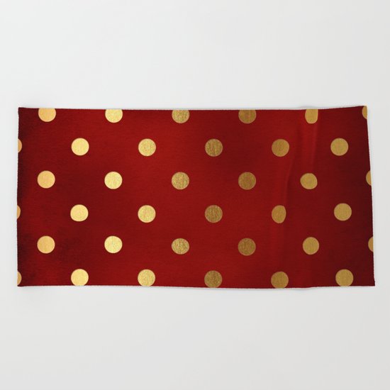 Adorable pattern for girls- gold dots on red backround Beach Towel