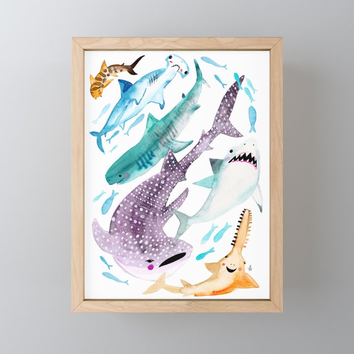Help Stop Shark Finning - Watercolor Ocean Animals - Fish Framed Mini Art Print