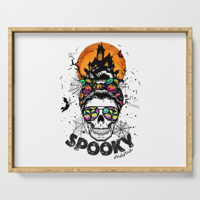 Halloween spooky mama female skull witch Serving Tray