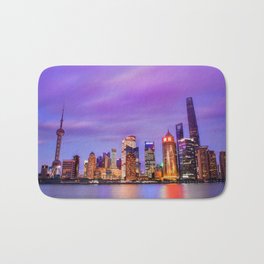 Shanghai - World Big City Bath Mat | Skyline, Photo, Digital, Nightscape, Color, Purple, Cityscape, Asia, Shanghai 