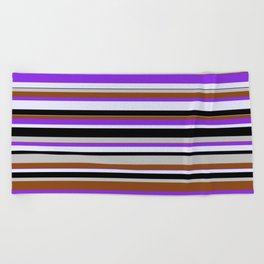 [ Thumbnail: Grey, Brown, Purple, Lavender & Black Colored Pattern of Stripes Beach Towel ]
