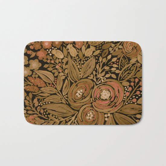 Watercolor . Black brown floral pattern . Bath Mat