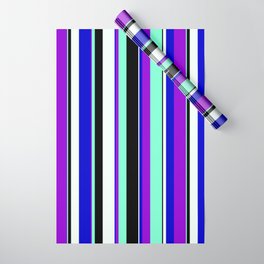 [ Thumbnail: Dark Violet, Aquamarine, Black, Mint Cream & Blue Colored Pattern of Stripes Wrapping Paper ]