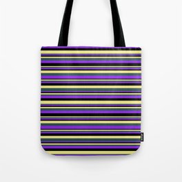 [ Thumbnail: Tan, Dark Slate Gray, Purple, and Black Colored Stripes/Lines Pattern Tote Bag ]