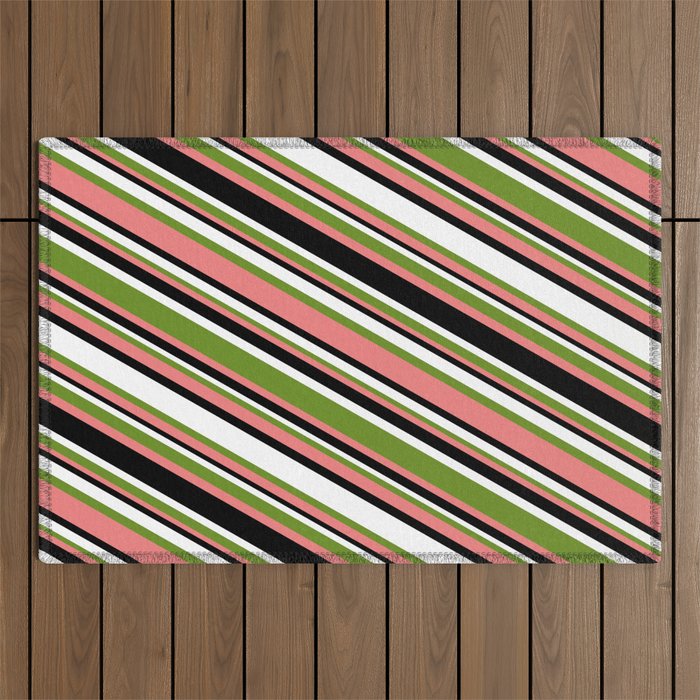 Green, Light Coral, Black & White Colored Lined/Striped Pattern Outdoor Rug