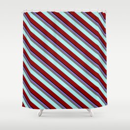 [ Thumbnail: Eye-catching Purple, Dim Gray, Turquoise, Dark Red, and Black Colored Lined Pattern Shower Curtain ]