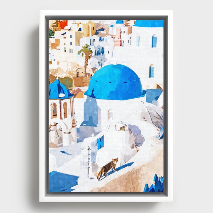 Greek Goddess, Scenic Greece White Buildings Cat Illustration, Travel Architecture Pets Painting Framed Canvas