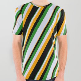 [ Thumbnail: Forest Green, Lavender, Orange & Black Colored Striped Pattern All Over Graphic Tee ]