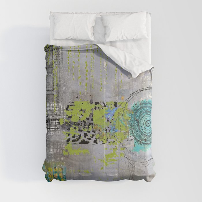 Teal & Lime Round Abstract Art Collage Comforter